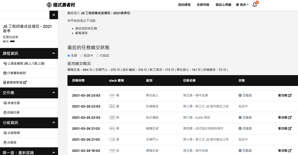 專門平台可以看到大家交作業的情況